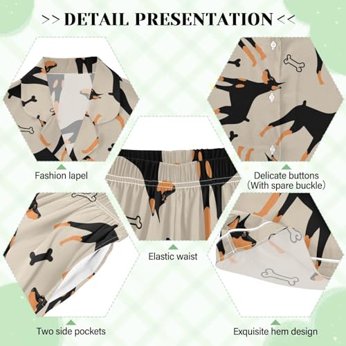 Image of Womens Silk Satin Pajamas Short Sleeve Loungewear Dashing Doberman Dog Short Sleeve Pajama Set Puppy Bones Silk Satin Pajamas Set 2XL