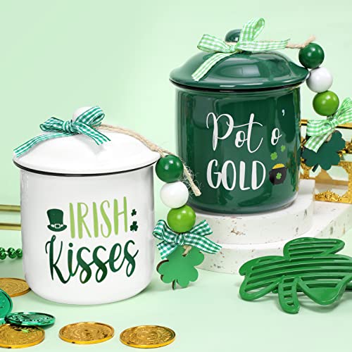 Nefelibata St. Patrick's Day Ceramic Canister Tiered Tray Decor Bowl Pot o' Gold Irish Kisses Candy Holder with Green Buffalo Plaid Bowknot Shamrock Table Centerpiece Decoration Supplies Set of 2