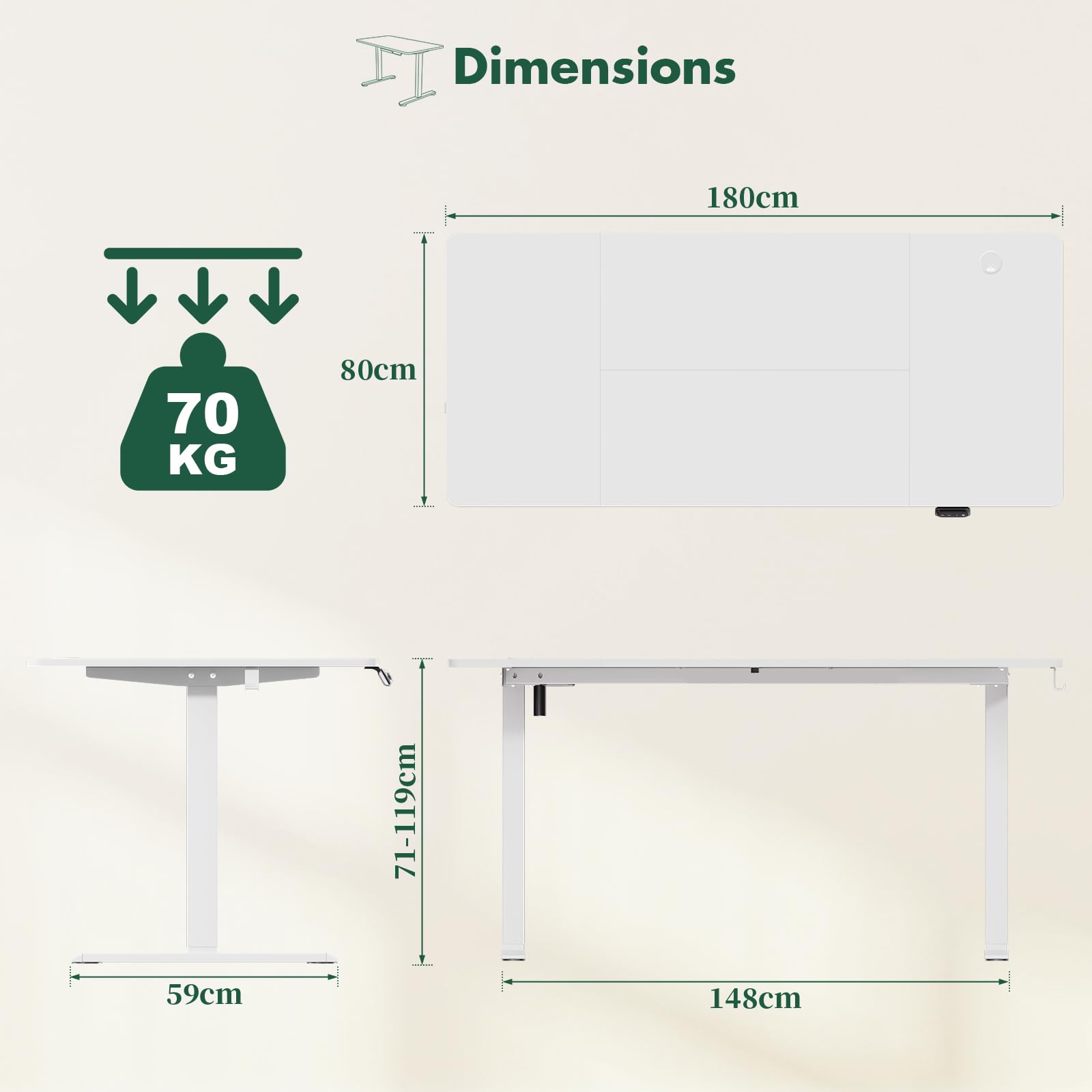 TRIUMPHKEY Bureau Assis Debout 140x60cm - Table Électrique Réglable 71-119cm, 2 Positions Mémoire, Trou Câbles