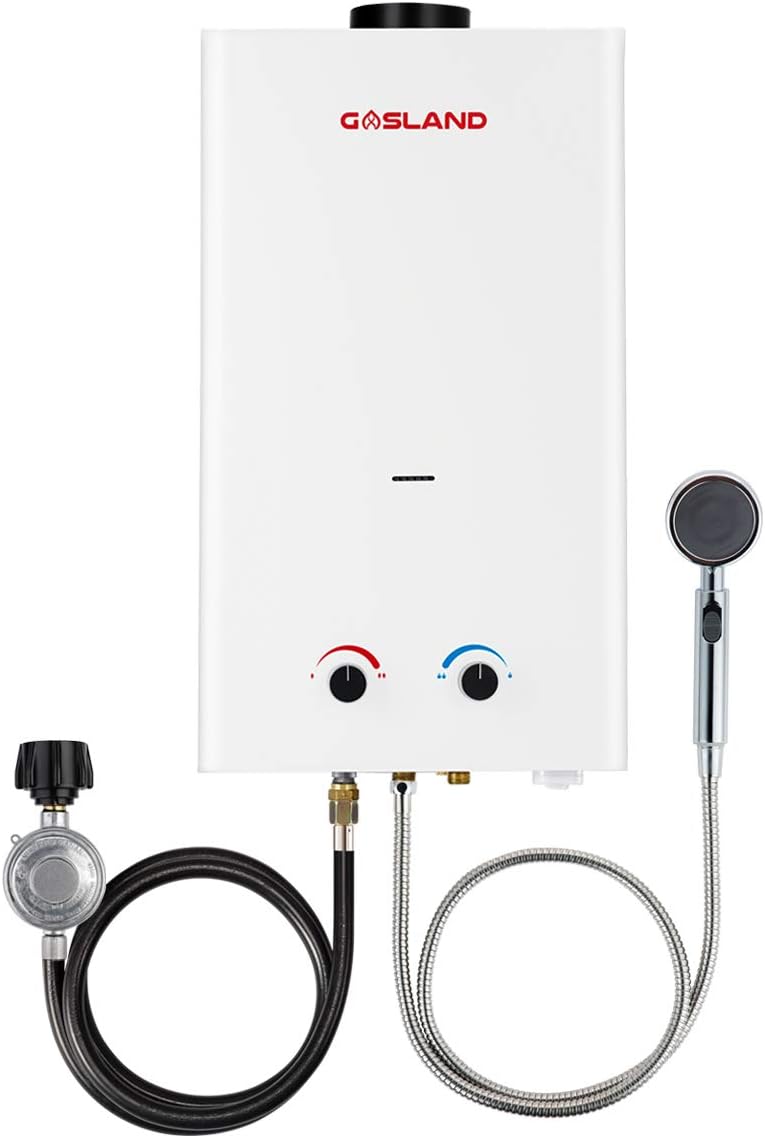GASLAND Tankless Water Heater, Outdoor Portable Gas Water Heater, Instant Propane Water Heater, Overheating Protection, Easy to Install, Use for RV Cabin Barn Camping Boat 12L White BS318