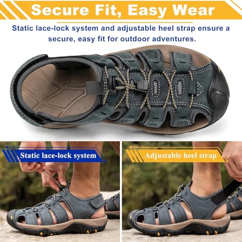 Men's Sport Sandals Closed Toe Leather Hiking Athletic Walking Outdoor Beach Lightweight Comfortable Waterproof Trail River Fishing Water Shoes Gray3