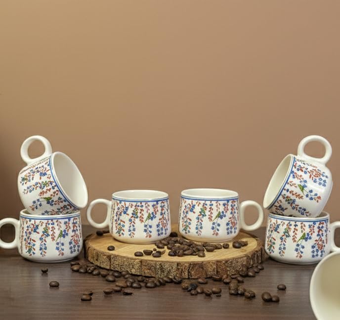 IZZYLYF 'Artisan Leaf' Ceramic Tea Cups Set of 6 (150 ml Each) | Microwave & Dishwasher Safe Tea Cups with Handle for Tea, Coffee & Chai | Tea Cups for Gifting, Home, Cafe & Office Use 4