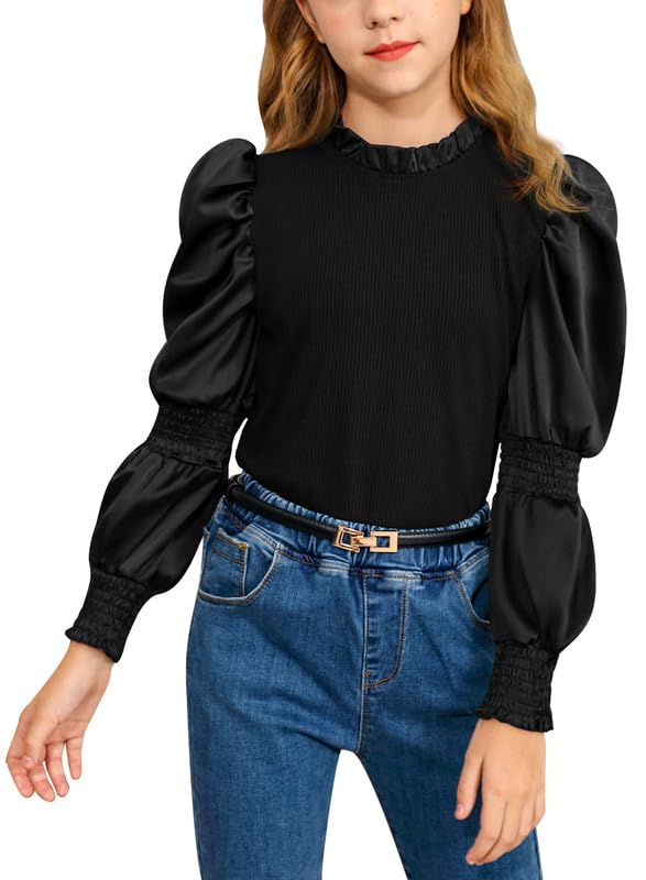 BesserBay Girls Puff Long Sleeve Shirt Ruffle Neck Rib Knit Blouse Tops Fall Shirts Size 4-12 Years