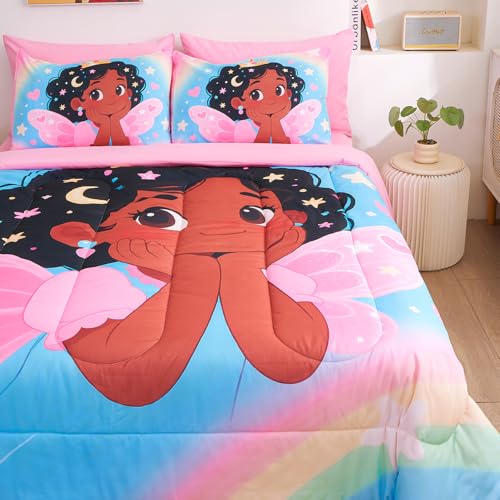 Image of Black Girl Princess with Wings Comforter Set for Girls,Pink Blue Gradient Glitter Rainbow Galaxy 7 Piece Kids Bedding Set Queen,Bed in a Bag with Comforter Sheets Pillowcase & Sham