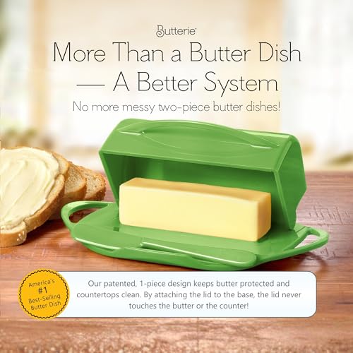 Image of Butterie Flip Top Butter Dish with Attached Lid & Matching Knife - Holds 2 Sticks, Fits Kerrygold /European Butter - BPA Free & Dishwasher Safe - Green