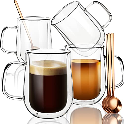 Swanfort Clear Coffee Mugs, Double Borosilicate Glass Coffee Cups Set of 4 with Spoons,Insulated Glass Coffee Mug for Hot Beverages (470ml)