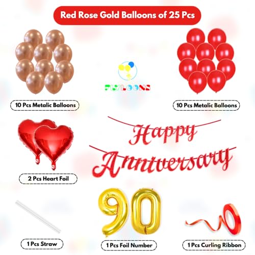 Image of Flyloons 90th Happy Anniversary Decoration Items Red Rose Gold for Men Women Husband Wife Mom Dad Parent Couple Home Bedroom Car With 20 Pcs Metallic Balloons Anniversary Banner 2 Pcs Heart Set Kit
