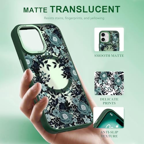 Image of Magnetic for iPhone 16 Plus Case with for Women, Green Flower | Pretty Floral Pattern Design [Compatible with MagSafe] Shockproof Slim Translucent Matte Non-Slip Protective Cover