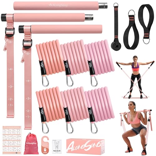 ALongSong Kit de Pilates | 6 Bandas de Resistencia (20/30/40LBS) | Barra de Pilates | Ancla de Puerta y Mangos | Equipo de Ejercicio para Gimnasio en Casa | Naranja Coral