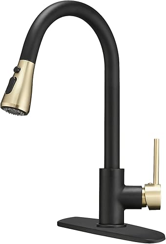 BESy Grifo de cocina de latón de una sola manija con rociador extraíble, grifo de fregadero de cocina de arco alto para caravana con rociador