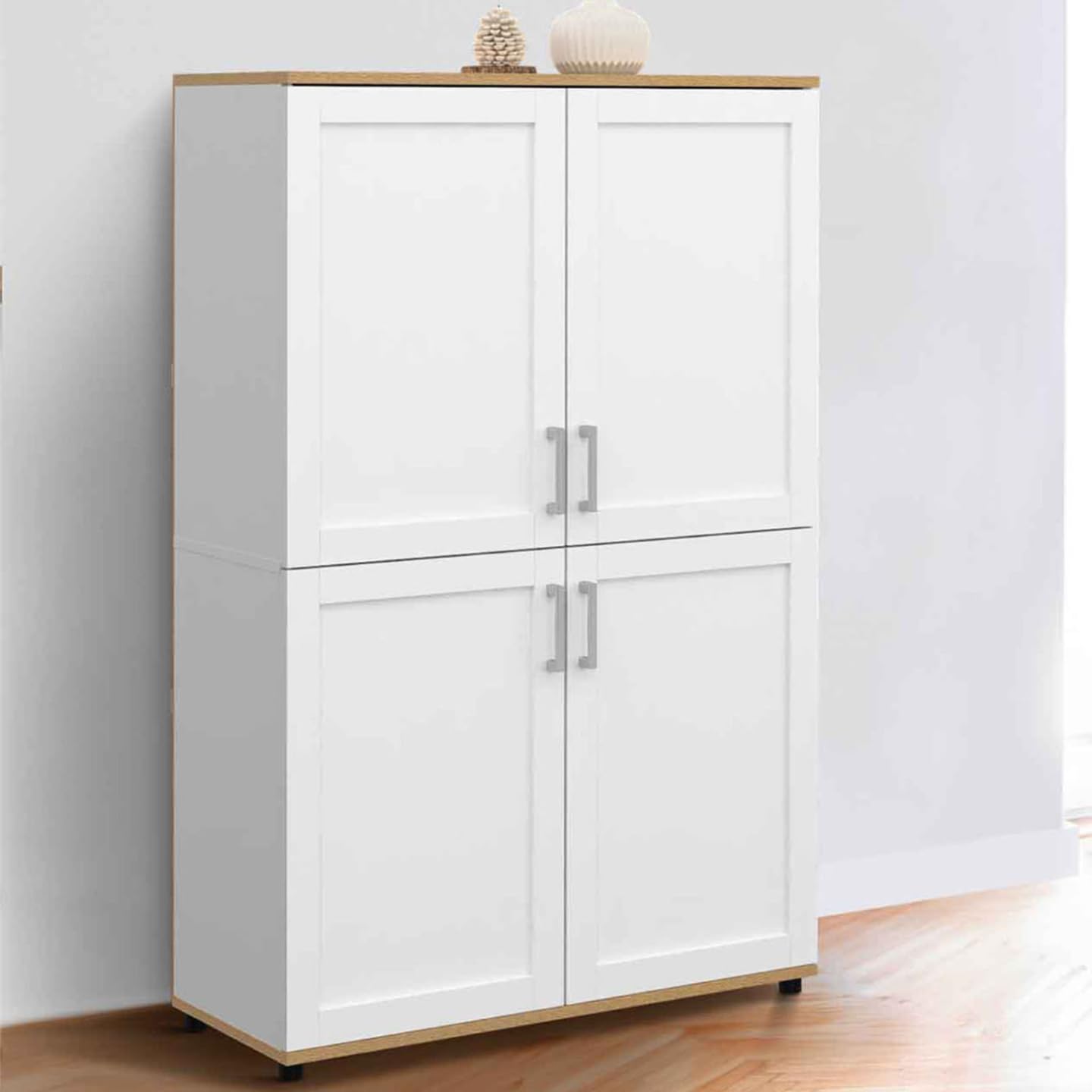 IDMarket - Buffet Haut H. 125 cm VITO 4 Portes Blanc et Bois
