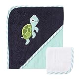 Luvable Friends Unisex Baby Cotton Hooded Towel and Washcloth, Turtle, One Size