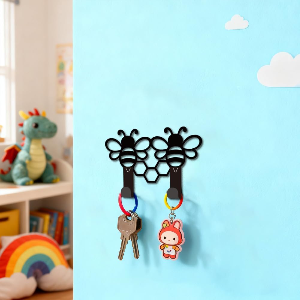Cute bee Key Holder for Wall Mini Black Iron Key Hooks Wall Mounted Key Rack with 2 Hooks Small Key Hanger House Key Holder for Entryway Front Door Hallway Bathroom Bedroom Garden