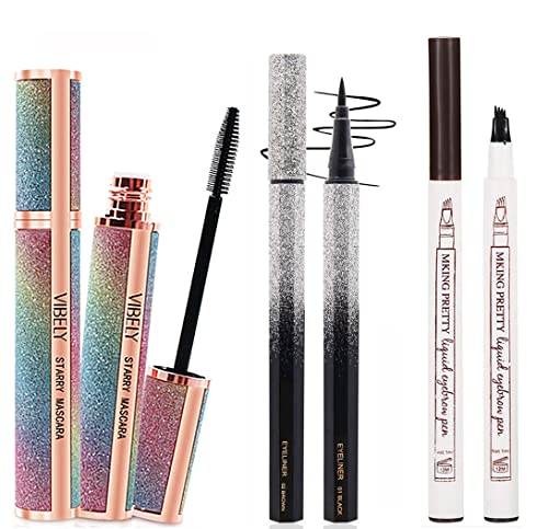3 styles Silk Fiber Mascara Voluminous Eyelashes,Natural Waterproof Smudge-Proof, With Eyebrow pencil,All Daylong-lasting (Black/Dark Brown/Black)