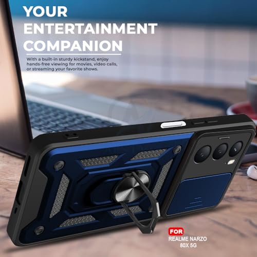 Image of AESTMO Tough Armor Realme Narzo 80X 5G Bumper Back Case Cover | Ring Holder & Sliding Camera Shield Cover | 360 Degree Protection Back Case Cover for Realme Narzo 80X 5G (Blue)