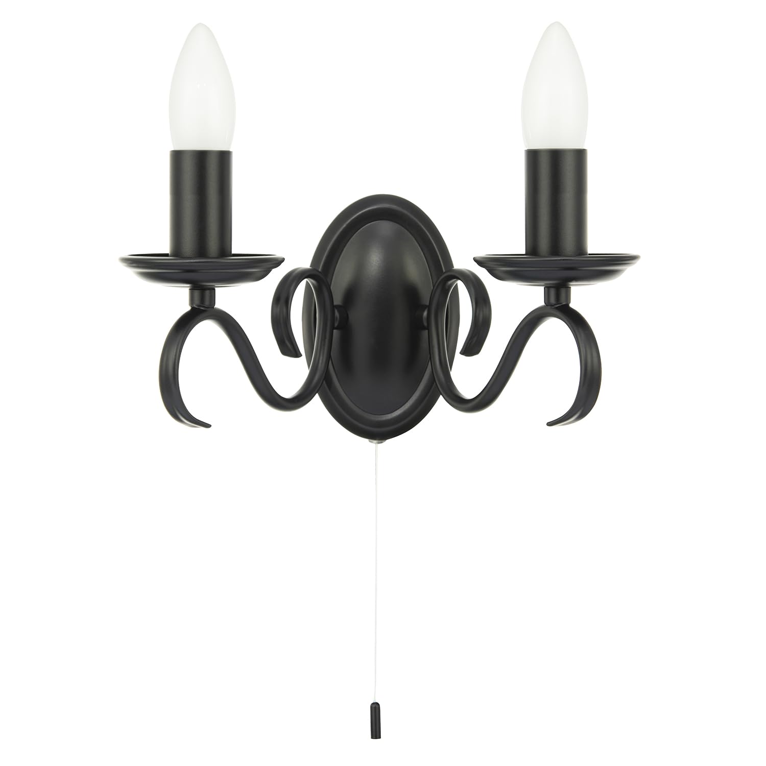 Happy Homewares Traditional Wall Light Fitting with Pull Switch and Matte Black Scroll Arms and Sconces | 26cm x 15cm x 12cm | 2 x 7w E14 Candle