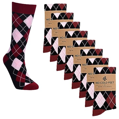 No Cold Feet Fun Colorful Novelty Socks for Men for Dress Casual Formal Groomsmen Wedding, Black, Red, and Pink Argyle, 8-Pack