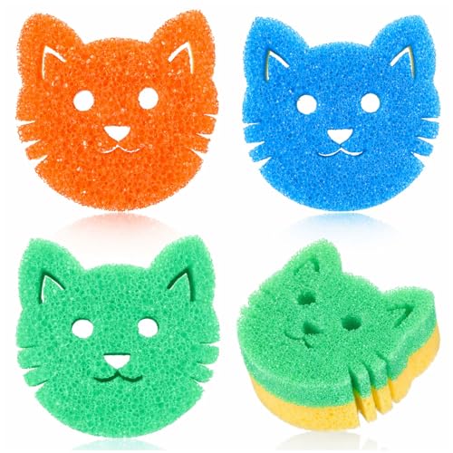 Image of FillTouch 3 Pcs Dual Sided Scrub Sponge Multi Functional Cute Temperature Sensitive Non Scratch Dish Sponge for Washing Dishes Kitchen Bathroom (Cat,Green, Orange, Blue)