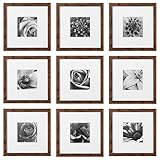 eletecpro 10x10 Picture Frames Set of 9 Classic Gallery Wall Frame Set Displays 5x5 Photo with Mat or 10x10 without Mat, Square Picture Frames Collage Wall Decor, Rustic Brown Modern Home Decor for