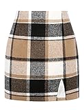 IDEALSANXUN Plaid Skirts for Women 2025 Fall Winter High Waisted Cute Pencil Mini Skirt with Slit, Brown New, S