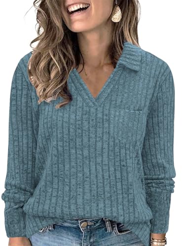 Image of VISLILY Womens-Plus-Size-Tops Collared V Neck Polo Shirts Lightweight Long Sleeve Sweaters Trendy Pocket Decor Tunic Blouses