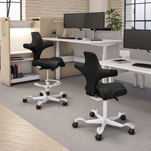 Image of HAG Capisco Sit to Stand Chair-White Frame-Upholstered Black Onyx Vinyl-with Foot Ring