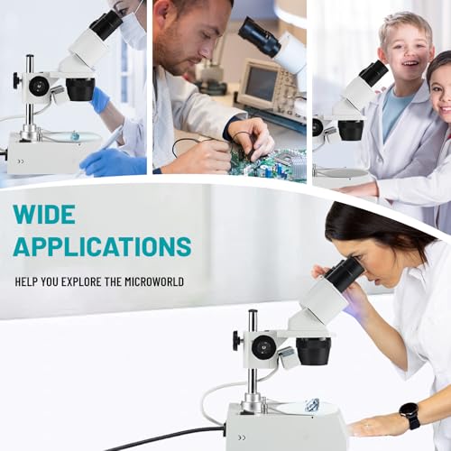 Image of Stereo Microscope，Binocular Microscope, WF10x and WF20x Eyepieces, 10X-80X Magnification, Upper and Lower LED Light Source, Pillar Stand,120V Power Supply and Lithium Battery