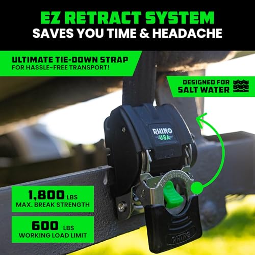 Image of Rhino USA Retractable Boat Transom Straps (2-Pack) - Saltwater Compatible | 2in x 43in Trailer Mount Straps for Boat, Jet Ski. Durable Powder Coated Steel, Retractable Design, Rust-Resistant.