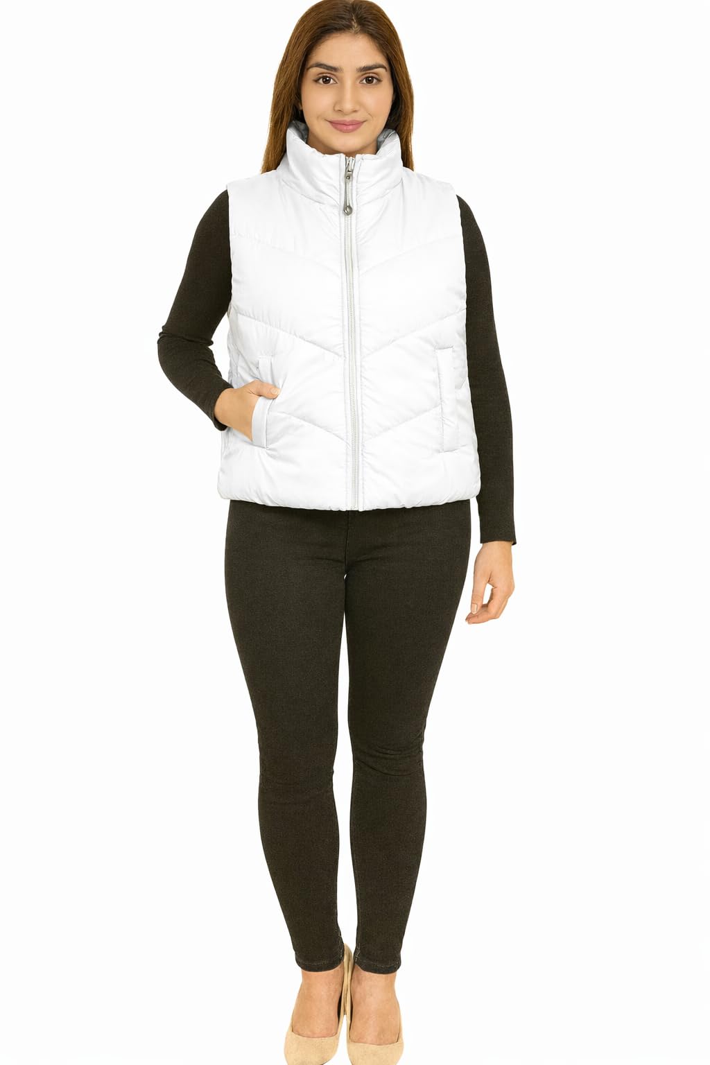 daughters enterprise Women's Quilted Puffer Vest, Vine Color, Sleeveless Jacket with Pockets, Zip Front (IN, Alpha, L, Brown)-picture-17