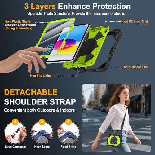 Image of Case for iPad (A16) 11th Generation 11 Inch 2025, Ubearkk for iPad 10th Generation 10.9 inch 2022 case with Screen Protector 360 Degree Rotating Stand Shoulder Strap Pencil Holder, Black Green