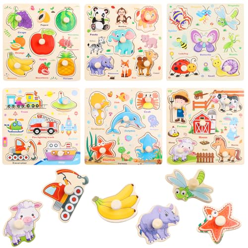 NewZC Set Puzzle in Legno Bambini 6 Pezzis Educativi Puzzle ad Incastro Trasporti Fattoria Frutta Marini Animali Insetto Puzzle Legno con Maniglie Giochi Montessori per Bambina Bambino 1-4 anni