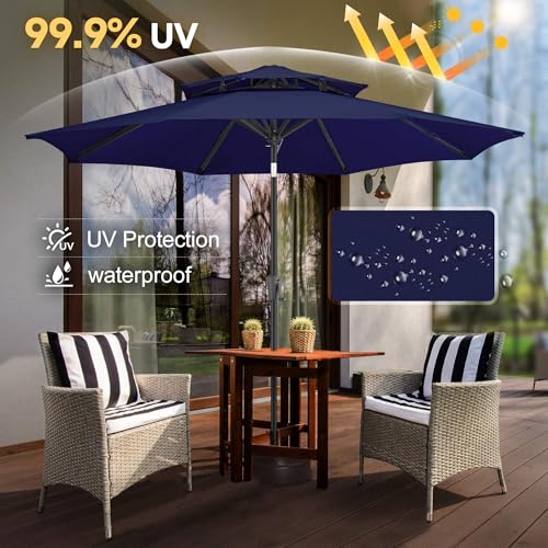 FLAME&SHADE 9ft Patio Umbrella - 2 Tiers Outdoor Umbrella with Push Button Tilt and Crank for UV Protection, Table Market Umbrella for Garden, Deck, Backyard, Pool and Beach(Navy Blue) by FLAME&SHADE - Used condition - Image 2