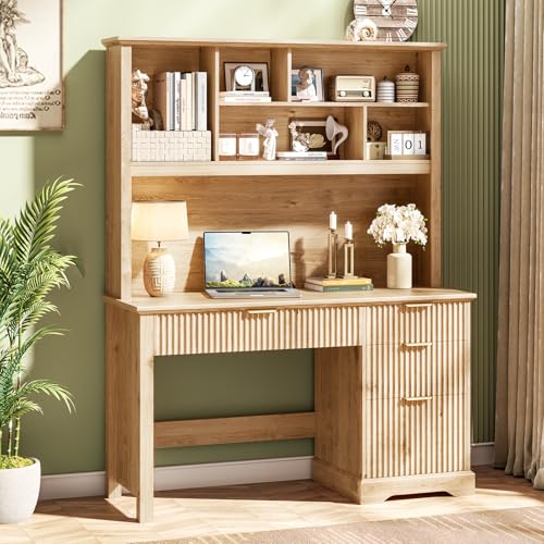 Vabches Fluted Executive Desk with Drawers Wood Computer Desk with Ample File Drawer Home Office Desk with Hutch for Study Bedroom Living Room Oak