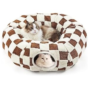 Cat Tunnel Bed for Indoor Cat Donut Tunnel Peekaboo Cat Cave with Washable Cushion Cat Tube Toys for Kitten Puppy Rabbit Brown (Brown)