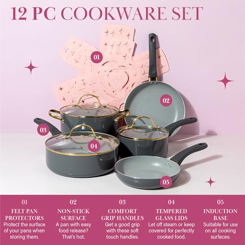 Image of Paris Hilton Epic Nonstick Pots and Pans Set, Multi-layer Coating, Tempered Glass Lids, Soft Touch, Stay Cool Handles, Made without PFOA, Dishwasher Safe Cookware 12-Piece, Charcoal Gray