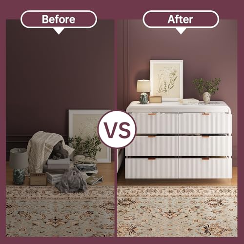 FURSUN Fluted 6 Drawers Dresser for Bedroom, 54" Wide Wooden Dresser with Metal Handle, Curved Profile Design, Modern Storage Organizer for Living Room, Hallway (White)