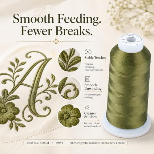 Image of Simthread Embroidery Machine Thread 5000M 40WT Polyester, Dark Olive 517 | 5000M 40WT polyester thread feeds smoothly for home or commercial embroidery projects.