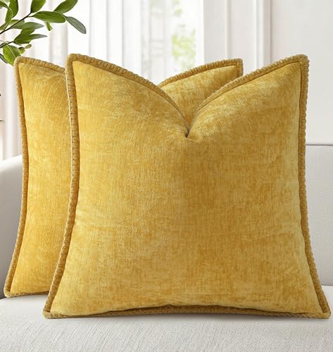 Image of decorUhome Fall Chenille Soft Cozy Throw Pillow Covers 16x16 Set of 2, Modern Farmhouse Boho Velvet Decorative Pillow Cases with Stitched Edge for Couch Sofa Bed Home Decor, Mineral Yellow