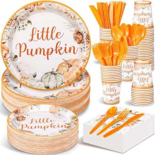 Dandat 350 Pcs Baby Shower Plates Set Baby Shower Party Supplies Serves 50 Tableware Sets Include Plates Napkin Cup Forks Knives Spoons Disposable Dinnerware(Little Pumpkin Orange)