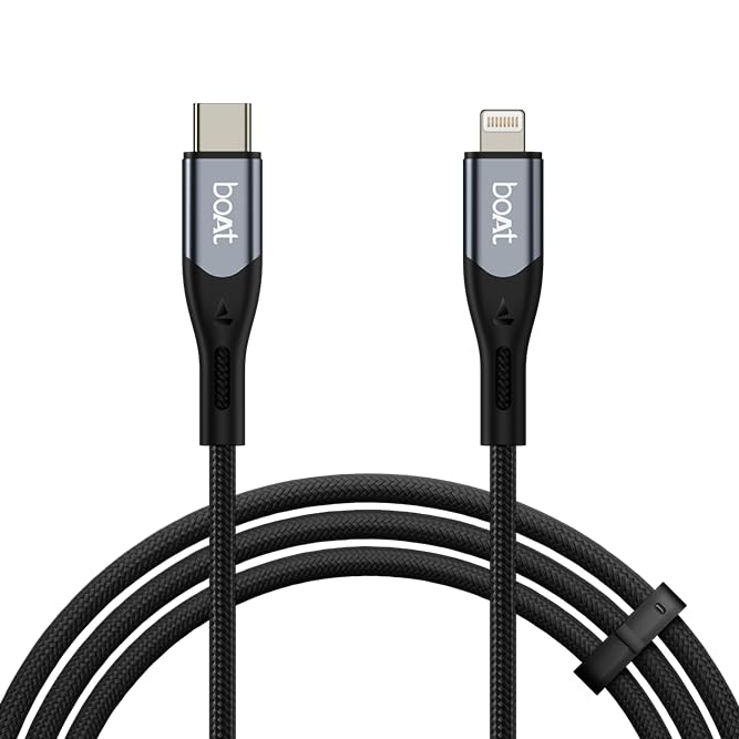 Boat Type C to Lighting Cable for 27W Fast Charging | 480 Mbps Data Transfer | 1.2 m (3.9 ft) Perfect Cable Length | Premium Nylon Braiding | Durable & Tangle-Free | with Silicon Tie (Carbon Black)