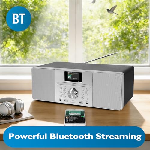 Image of MS1 CD Player, FM Radio, Bluetooth Streaming, Powerful Stereo HiFi System, Full Colour Display, 60 Presets, Remote, Acoustic Wooden Cabinet, AUX in, USB Playback and Charging, HP Jack, Black