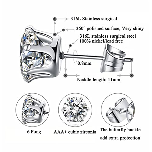 6 Pairs Stud Earrings Set, Hypoallergenic Clear Cubic Zirconia 316L Earrings Stainless Steel CZ Earrings for Women for Men 3-8mm2