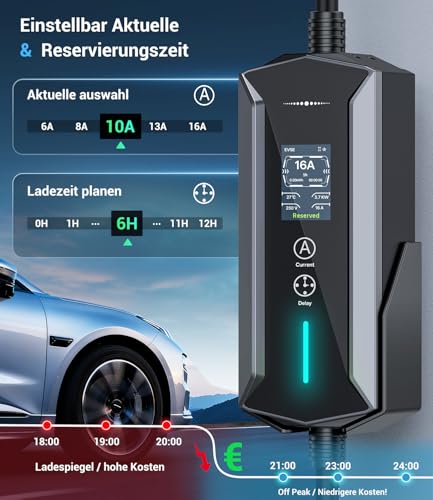 Typ 2 Ladekabel Schuko 3,7kW - 7m|6-16A|1-phasig Tragbare EV Ladegerät IP65 Wasserdicht mit LCD-Anzeige, Einstellbarer Ladeleistung, Einstellung Startzeit, für Allen EVs(IEC 62196-2) & PHEVS