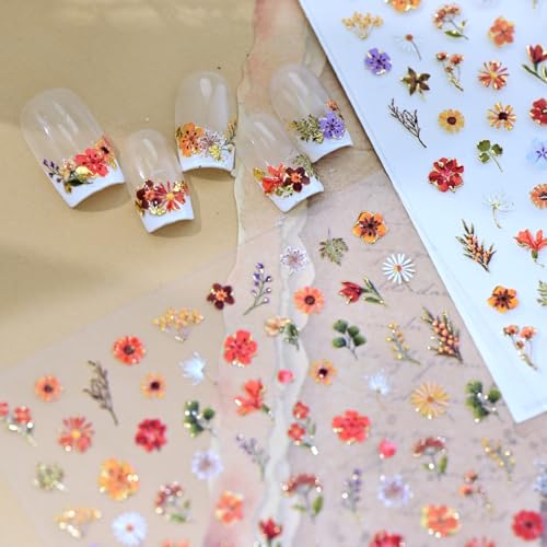 Image of Flower Nail Stickers for Nail Art Floral Leaf Plant Nails Decals with Design 5D Embossed Self Adhesive Nails Charms Supply for Women Manicure DIY Decoration Accessories 1 Sheets