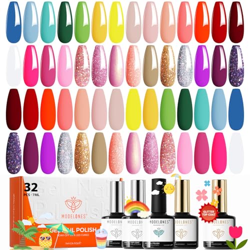 Modelones 32 PCS Gel Nail Polish Set, 28 Colors 2026 Summer LGBT Bright Neon Yellow Pink Blue White Gel Polish with No Wipe Base Coat, Glitter & Glossy & Matte Top Coat LED Nail Art Kit Salon DIY Gift
