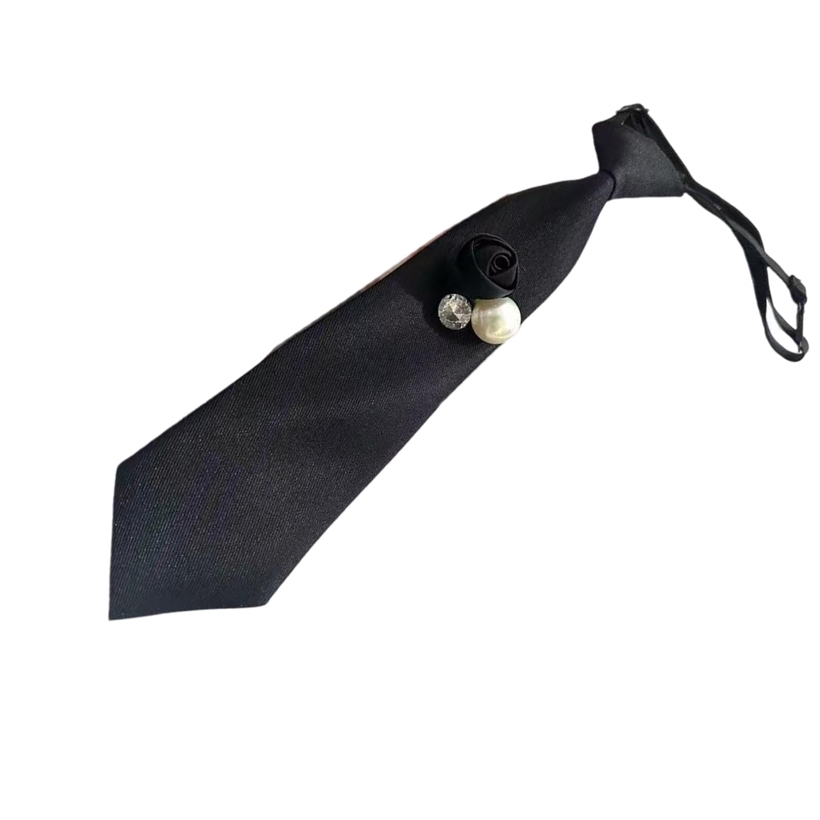 Laiousn Black Fashionable Pre Tied Neck Tie With Flower Rhinestones Pearls Embellished For Formal And School Uniform Ties Floral Pre Tied Neck Tie