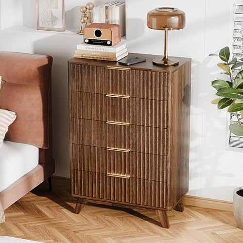 Image of VINGLI Fluted Tall Dresser 5 Drawer Chest of Drawers, Walnut Wood Dresser for Bedroom Mid Century Modern with Rounded Edge, 29.92 inch W*15.6 inch D*44.88 inch H