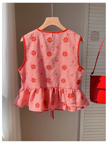 GORGLITTER Women's Gingham Tie Front Tops Floral Bow Peplum Tops Summer Y2K Babydoll Blouse Shirt2