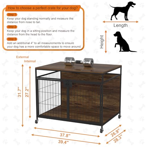 VyGrow Hundekäfig für Große Hunde, Hundebox aus Holz mit Doppeltüren, Robuste Hundekäfig-Beistelltisch für den Innenbereich, Drehbare Räder oder Fußpolster, 99,9 cm L x 71,1 B x 80,1 H
