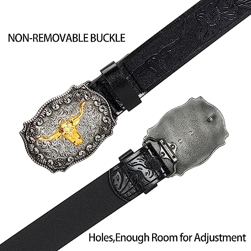 Image of Men's-Western-Leather-Belts Cowboy-Longhorn-Bull-Head-Buckle-Belt Floral-Engraved Waistband for Women